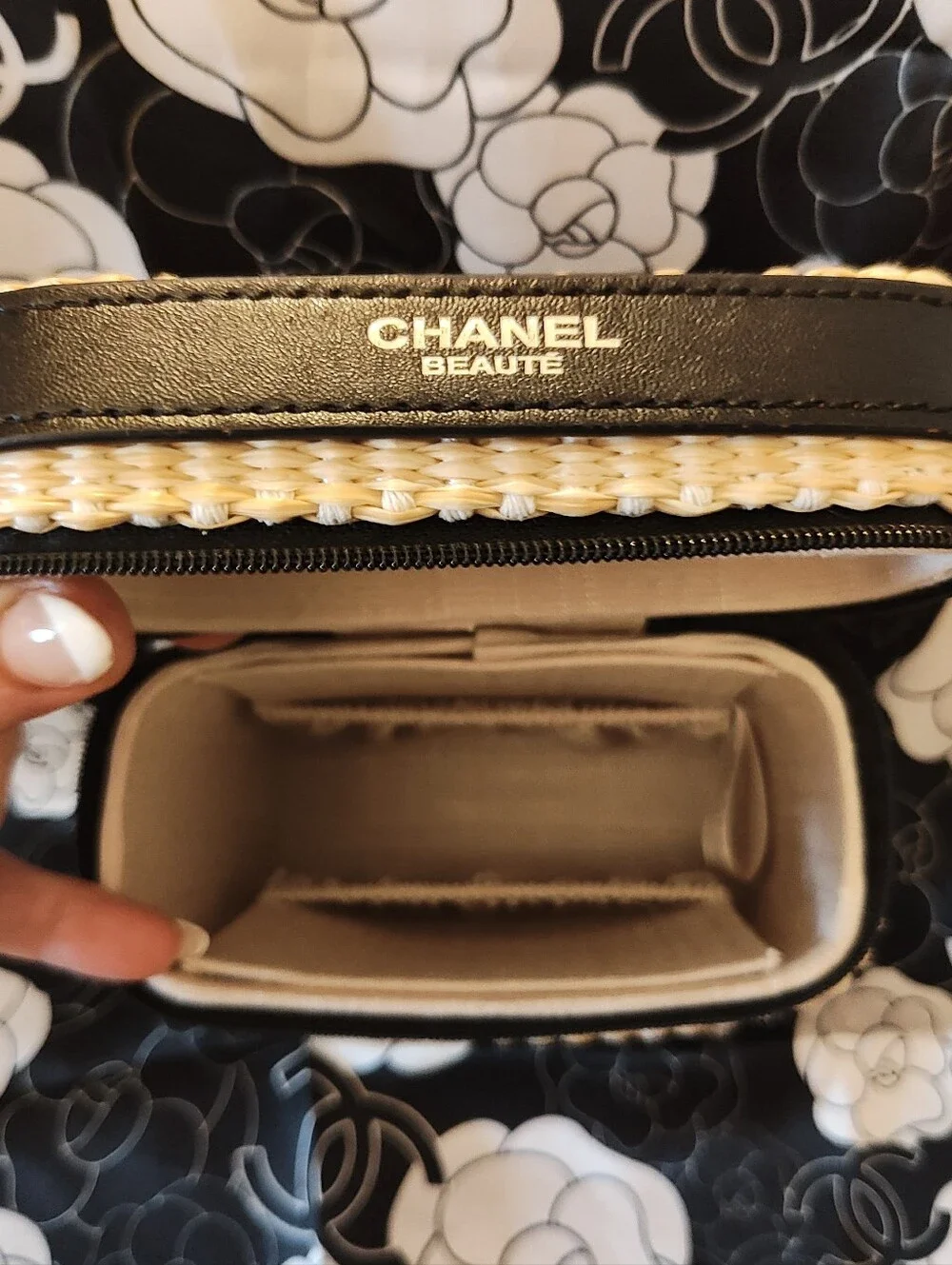 Beige Woven Beauté Mini Bag with Black Trim